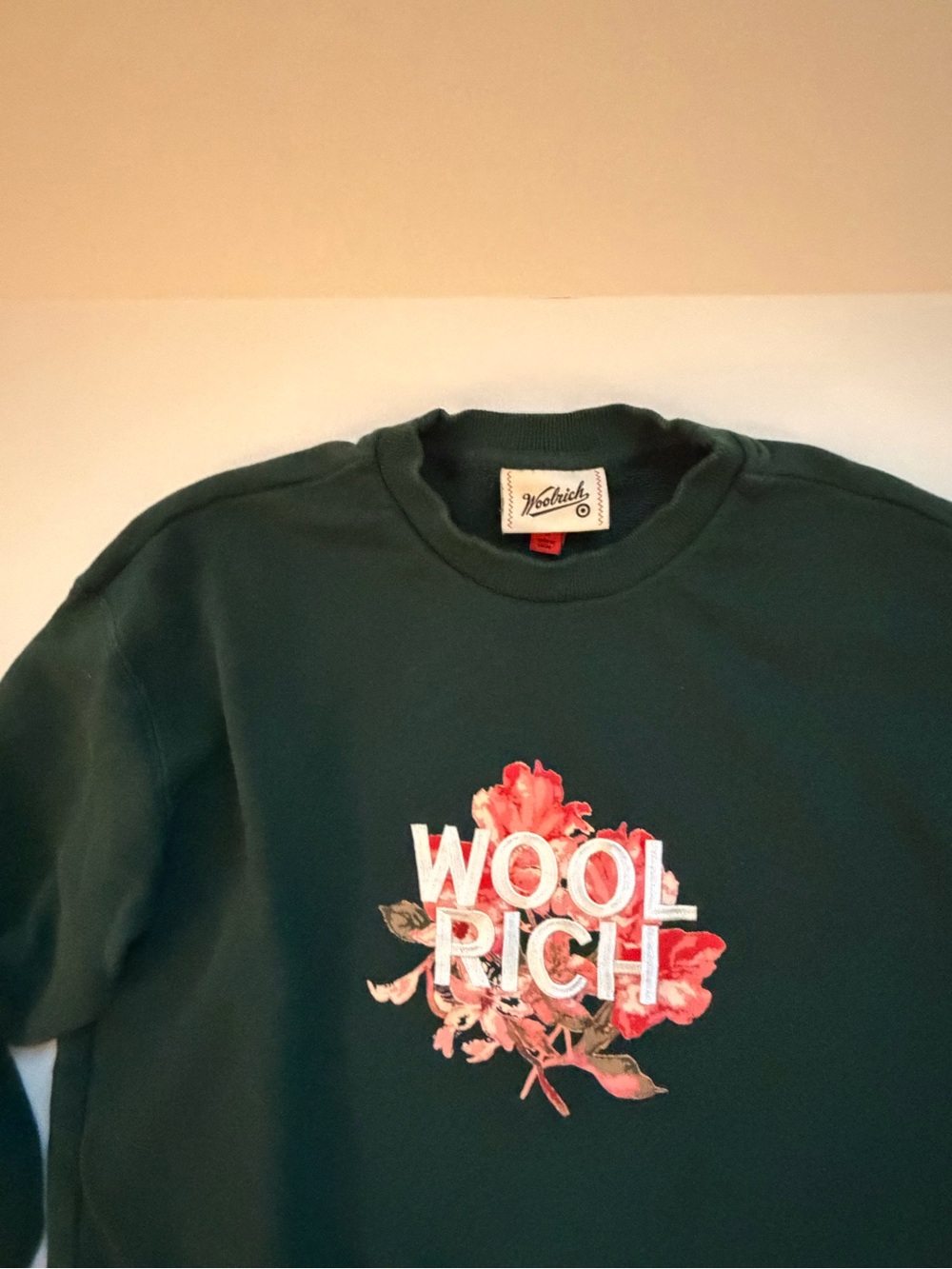 Woolrich Forest Green Crewneck with Pink Floral Logo
